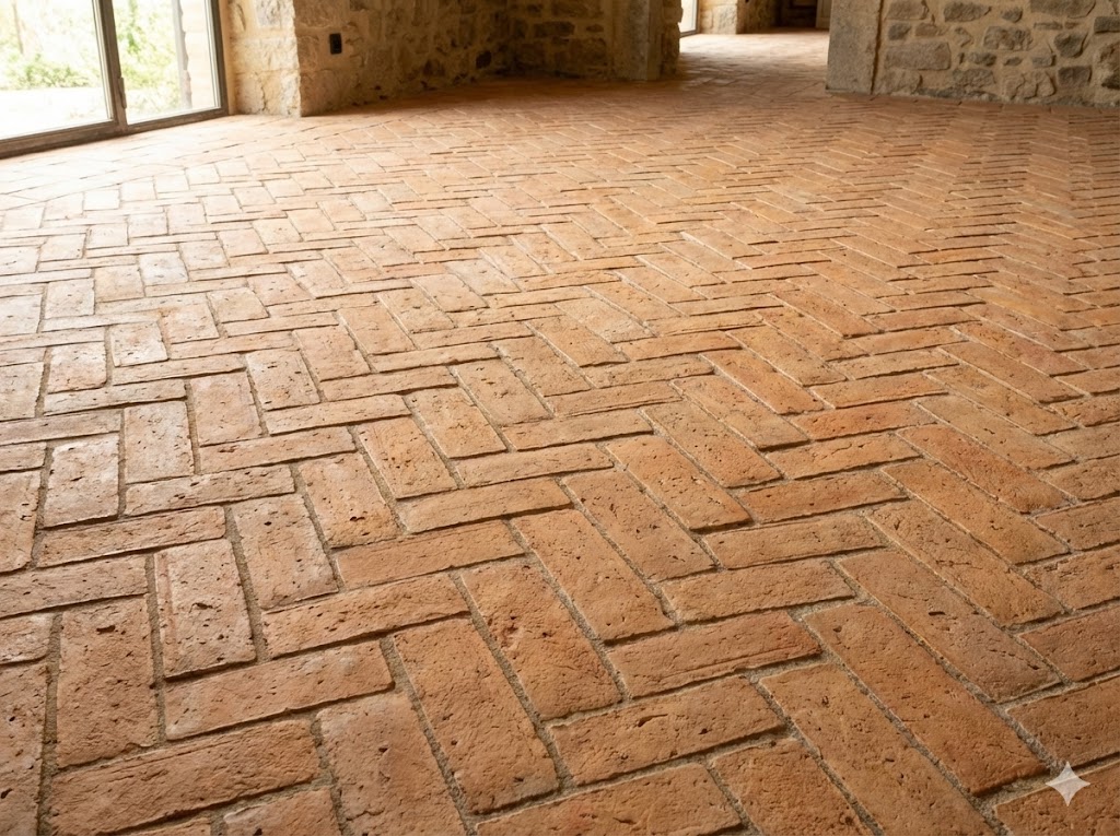 Baldosas de barro: suelo rústico tipo cotto en colocación en espiga