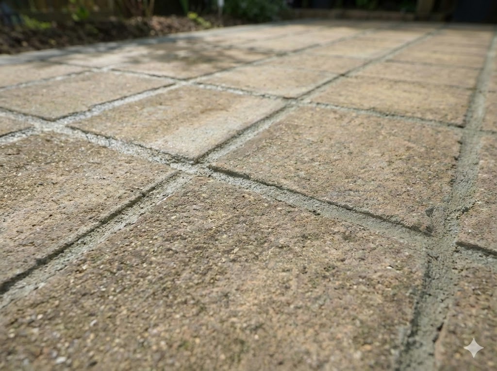 Terraza exterior con suelo de barro cocido y juntas anchas